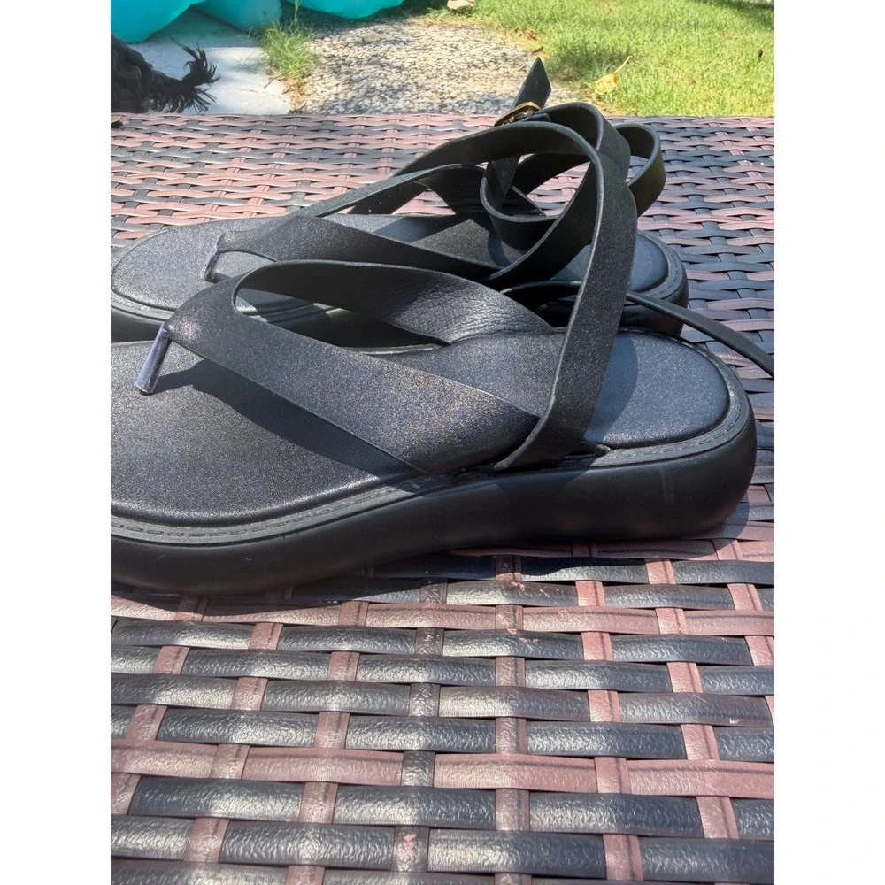 Black Iridescent Shimmer Platform Thong Sandals Ankle Strap Buckle EU 39 Womens